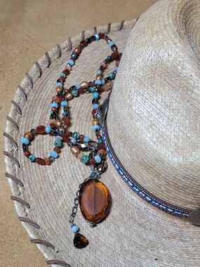 Artisian Crystal Beads & Amber Pendant Necklace